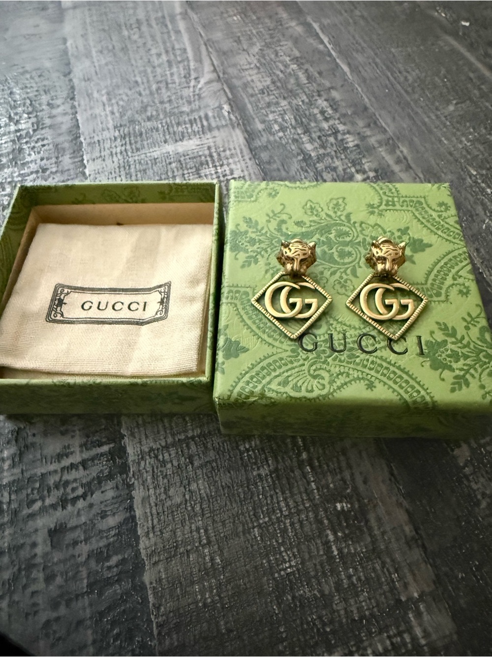 Gucci Gold Tiger Head GG Drop Earrings